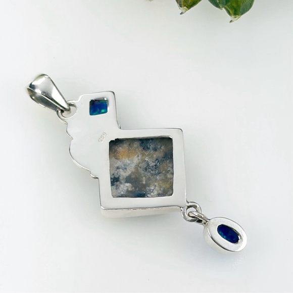Solid Sterling Silver 925 Fire Opal Pendant Lapis Lace Onyx aka Blue Scheelite - Picture 7 of 7